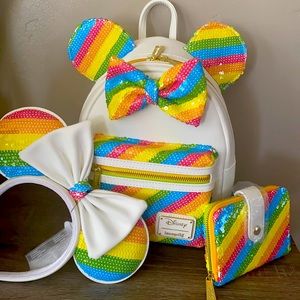 Rainbow Disney Loungefly set. Matching ears, wallet and bag. Brand new w/tags